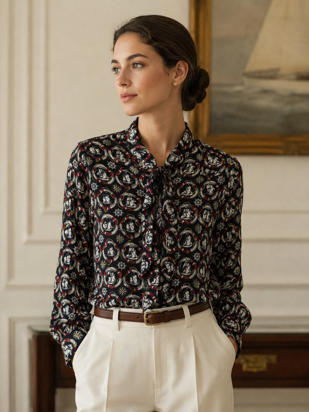 Brooks Brothers Silk Button Up Blouse Sz 2 XS Navy Nautical Print Old Money